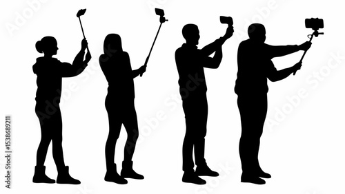 Silhouettes of people taking photos with selfie sticks and phones against a white background space | eps vectors