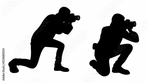 Two photographers in silhouette taking pictures on their knees against a white background image view | eps vectors