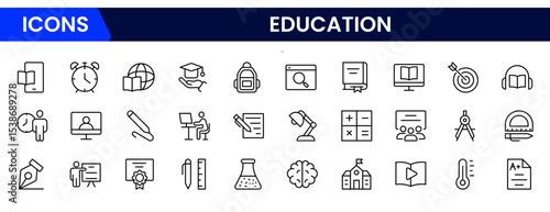 Engaging vector web line icons depicting education, learning, books, digital classrooms, and academic tools for knowledge and skill advancement.