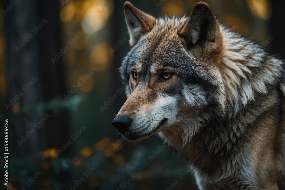 Fototapeta premium Majestic Wolf Portrait Exhibiting Detailed Fur in Natural Forest Environment