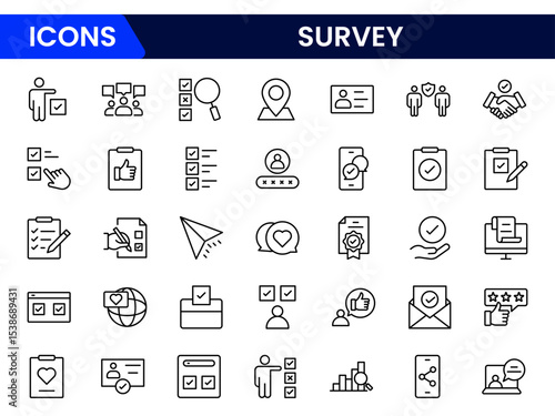 Precise vector web line icons depicting surveys, questionnaires, feedback, data collection, and analytics for insightful decision-making and user engagement.