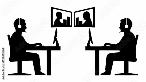 Two people in a video conference with headsets sitting at desks using computers for communication | eps vectors silhouette