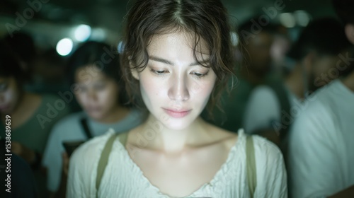 Young woman focused on smartphone screen in busy crowd, exploring technology and modern communication in urban setting