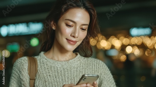 Young Woman Using Smartphone in Urban Environment with Soft Bokeh Background Lighting