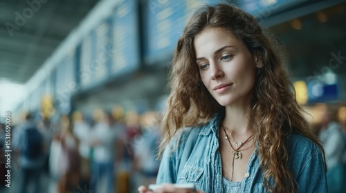 Young woman using smartphone at busy airport terminal, digital connectivity, travel lifestyle, casual style, social interaction