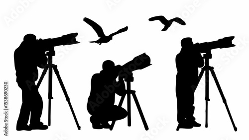 Silhouette of three photographers with tripods and large lenses capturing birds in flight against white | eps vectors