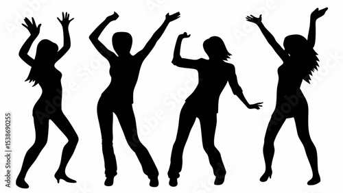 Silhouette illustration of four women dancing with raised arms and legs in various poses on a white background | eps vectors