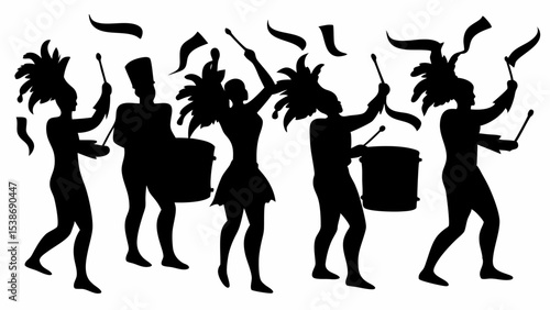 Silhouette illustration of a parade with drummers and dancers in festive attire and flying ribbons | eps vectors