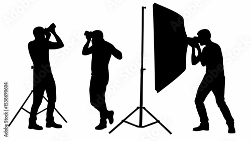 Silhouettes of photographers in a studio with lighting equipment taking pictures in a photography session | eps vectors