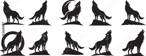 Howling wolf black silhouette icon set