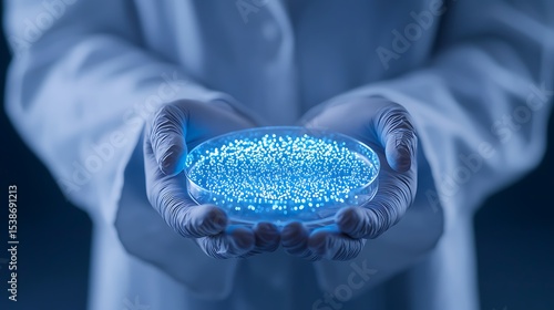 Gloved hands holding a petri dish with glowing blue particles Close up view of scientific research