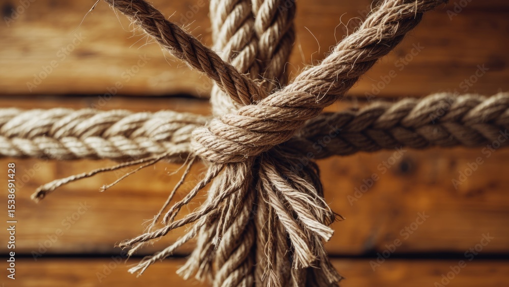Frayed rope nearing breaking point laid on a wooden background Frayed rope nearing breaking point laid on a wooden background