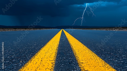 Asphalt Road with Double Yellow Lines under a Stormy Sky Lightning Strikes in Distance