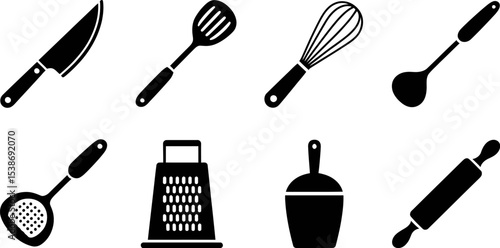 Kitchen utensils vector set cooking tools icons knife spatula whisk ladle skimmer grater scoop rolling pin editable stock vector illustration