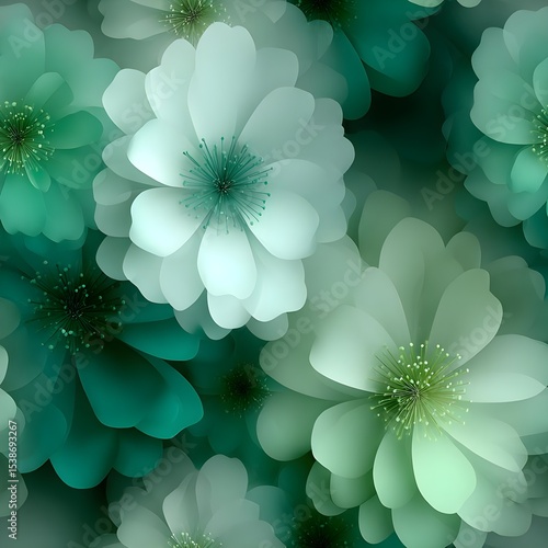 Soft green floral pattern with layered blooms