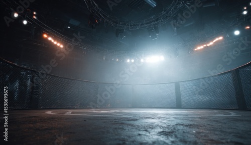 Wallpaper Mural An MMA arena features an octagonal cage surrounded by a concrete floor with lights overhead creating a misty atmosphere Torontodigital.ca