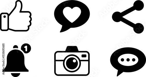 Social media icons like share comment notification camera heart thumbs up for web design and marketing editable stock vector illustration