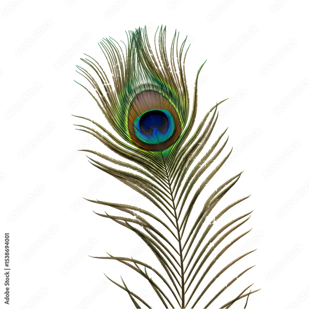 Obraz premium A Single Peacock Feather Iridescent Blues Greens and Golds Against Black isolated on transparent baackground
