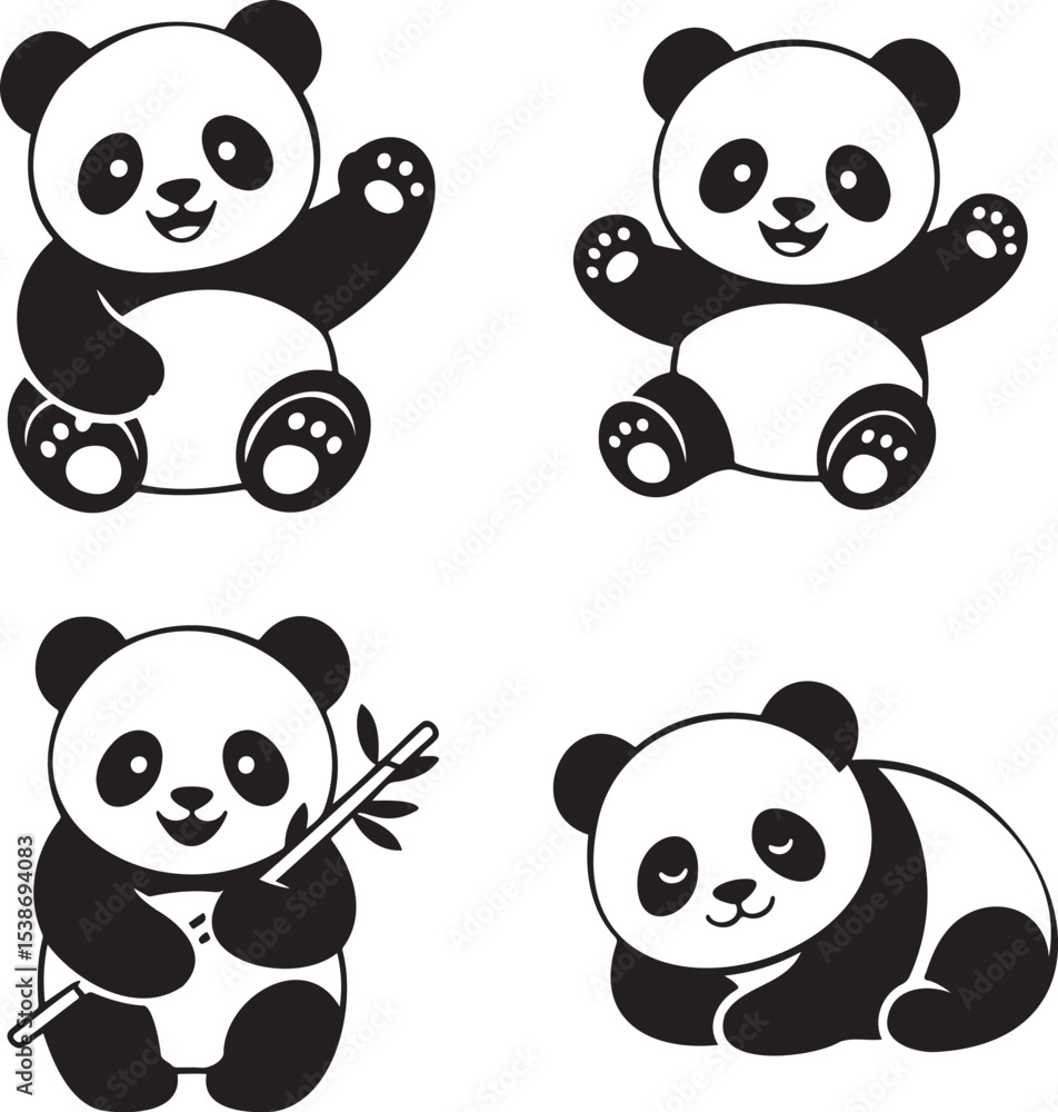 Obraz premium Panda silhouette set vector illustration isolated On Transparent Background