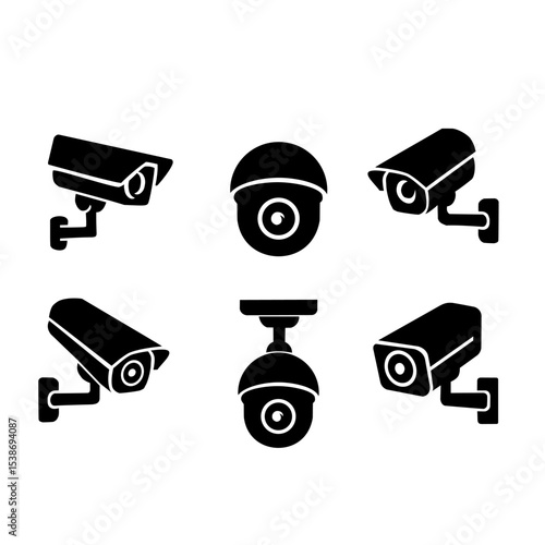 Vector illustration of six CCTV security camera icons in black silhouette, each uniquely designed and positioned to represent modern surveillance equipment