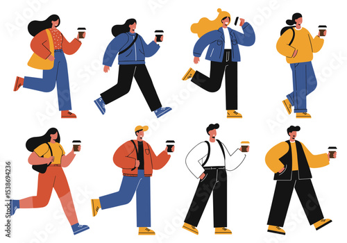 Flat vector people drinking coffee on the go, urban vibe