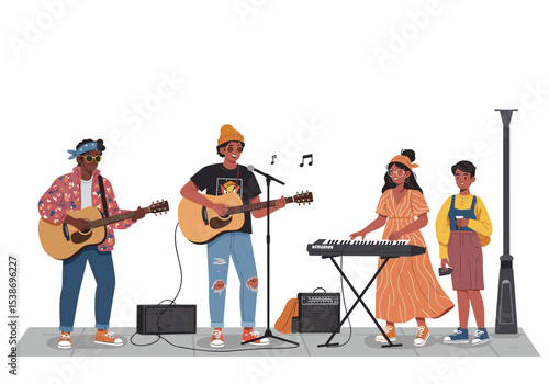 Flat vector illustration of street musicians performing on the sidewalk