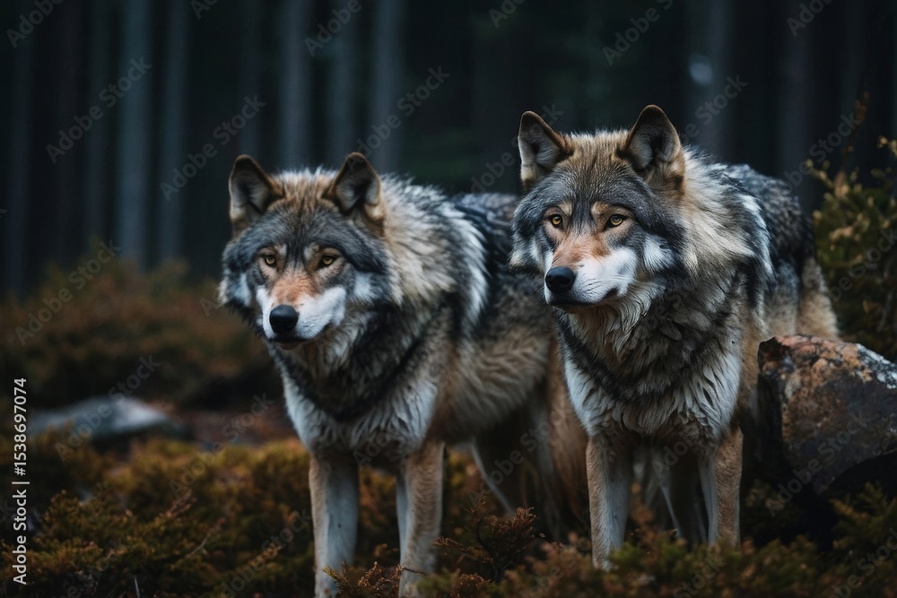 Fototapeta premium Two Wolves Standing Alert in a Forest Landscape