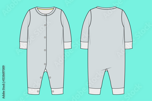 Infant Baby Long Sleeve Bodysuit Fashion flat sketch CAD mockup front and back views.