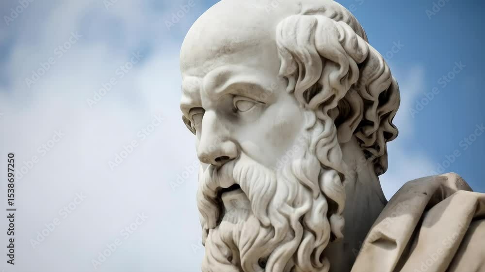 Close-up of a marble statue of a bearded, bald man with flowing hair in front of a blue cloudy sky. Close-up of a marble statue of a bearded, bald man with flowing hair in front of a blue cloudy sky.