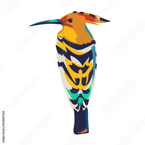 Bright colorful hoopoe bird. The bird sits with its back to us. Picturesque and vibrant bird. Vector illustrations isolated on white background. Cartoon