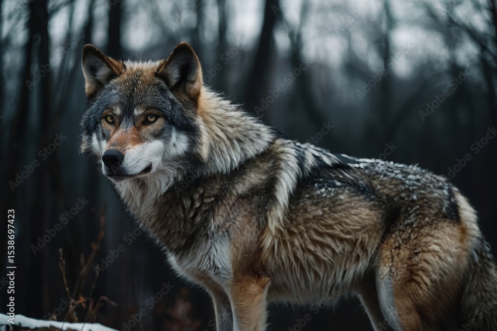 Fototapeta premium Gray Wolf Standing in a Snowy Forest Observing its Surroundings During Wintertime