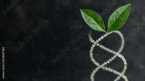 Green leaves sprout from a DNA helix structure on a dark background Close up image of plant life and genetic material