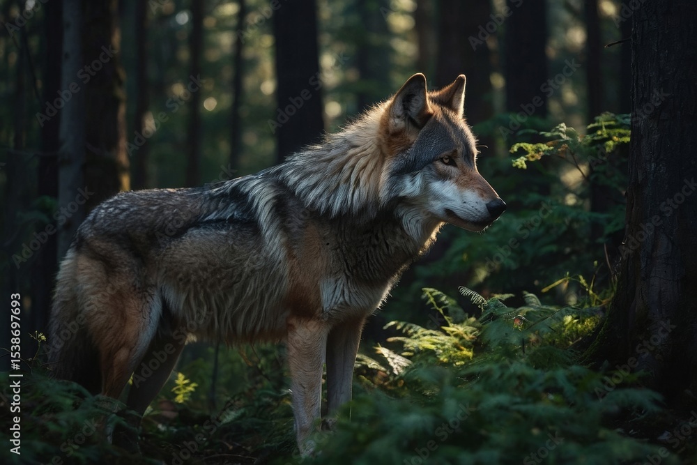 Obraz premium Majestic Wolf Standing Alert in a Dense and Mysterious Forest Environment