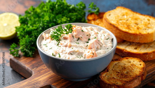 Bowl of smoked salmon dip and toasted bread. Tasty snack. Delicious food.