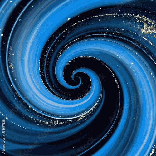 Gilded Whirlpool, swirling vortex of deep blue and navy gold glitter and flecks of gold, creating a marble abstract design spiral pattern luxury texture vector background.