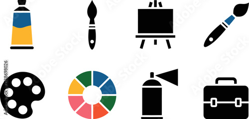 Art supplies painting tools vector illustration drawing design creative equipment artist set 100 char editable stock vector illustration