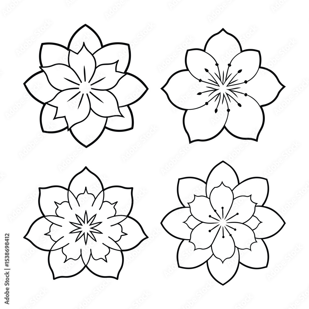 Obraz premium Simple black and white floral designs featuring four distinct and beautiful flower illustrations
