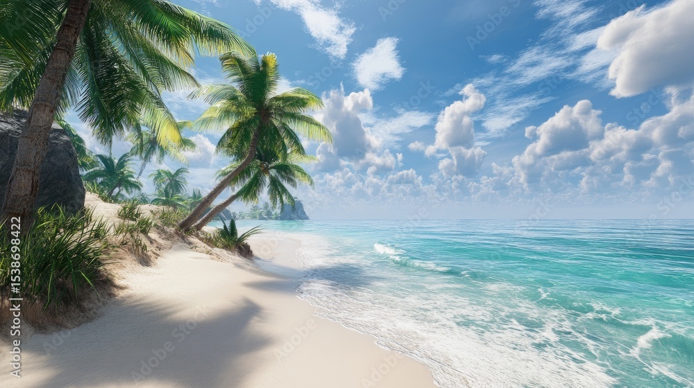 Fototapeta premium Serene Tropical Beach with Clear Water, Lush Palm Trees, and Soft White Sand Under a Bright Blue Sky