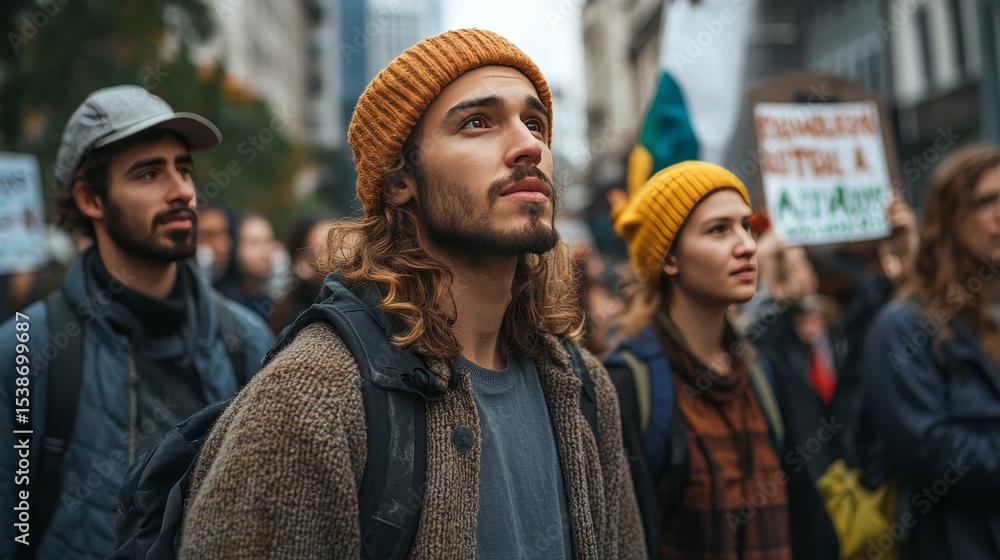 A group of young adults wearing beanies participate in an outdoor protest, focused and determined as they listen attentively. A group of young adults wearing beanies participate in an outdoor protest, focused and determined as they listen attentively.