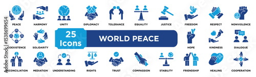 World Peace icon collection set. Containing peace,harmony,unity,diplomacy,tolerance,equality,justice,freedom,respect,nonviolence icon. Simple line vector