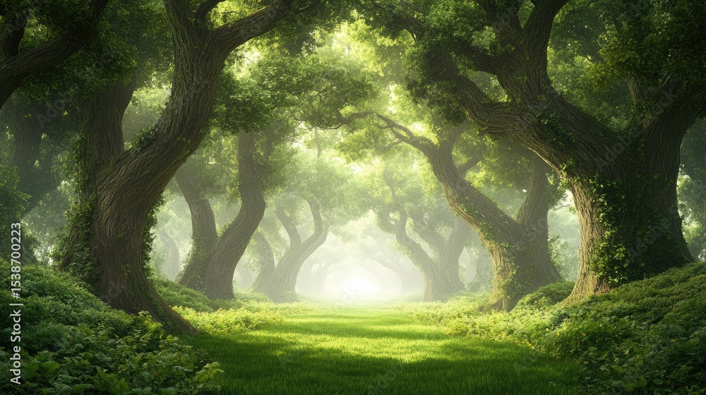 Fototapeta premium Serene Forest Path Surrounded by Lush Green Trees and Soft Light Filtering Through Foliage in a Mystical Landscape