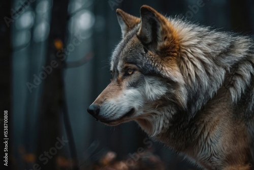 Wolf Profile Portrait in Forest with Focused Gaze and Detailed Fur