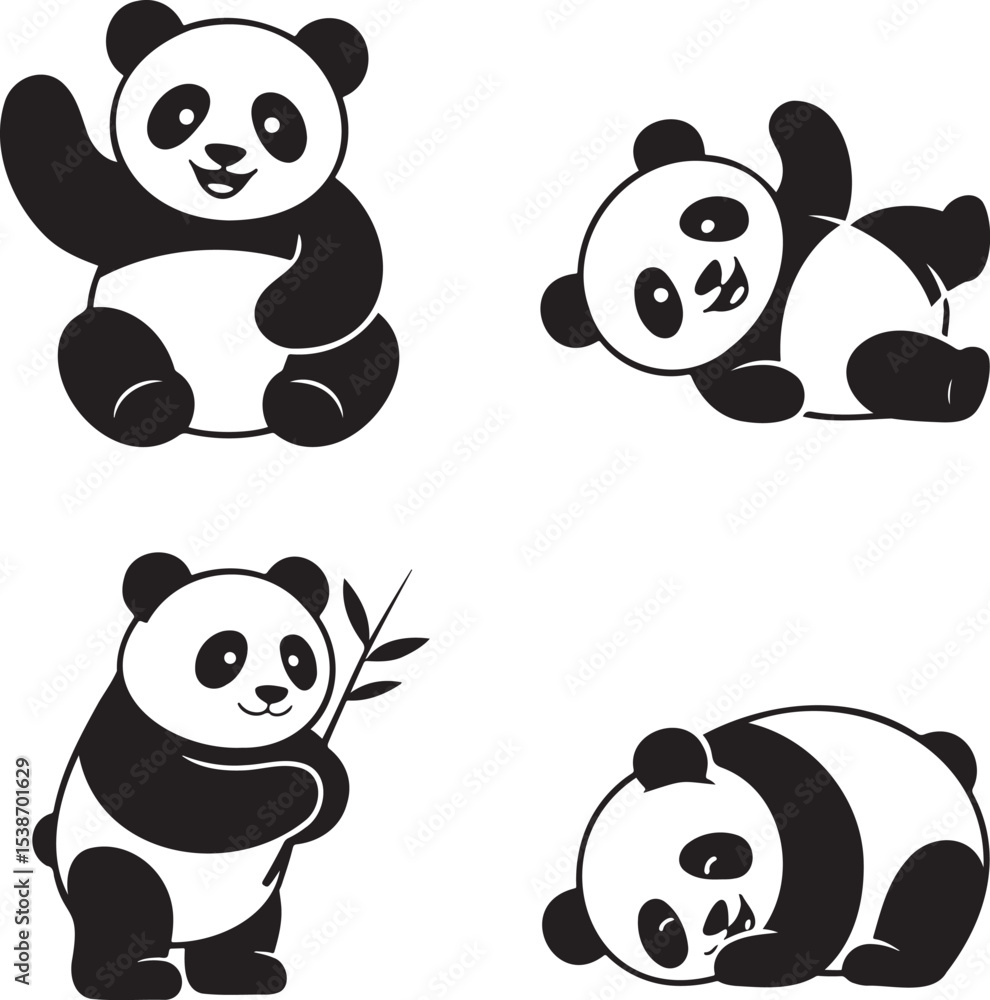 Obraz premium Panda silhouette set vector illustration isolated On Transparent Background