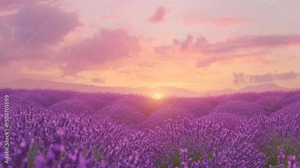 Obraz premium Serene Lavender Fields at Sunset with Colorful Sky and Gentle Hills in the Background