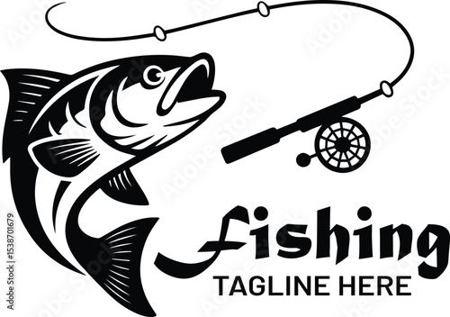 Minimalist Black and White Fish with Fishing Rod Illustration