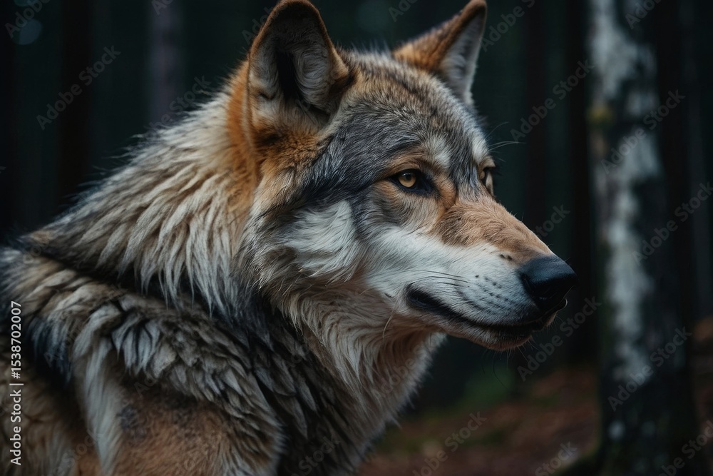 Fototapeta premium Timber Wolf Profile in Woods with Focus on Eye and Fur Texture