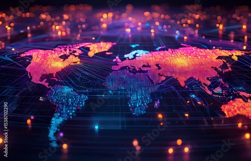 Global network. Digital map. Technology background. Futuristic concept. Data visualization. Cyber security. Neon colors. World continents. Virtual connections. Online communication. Business technolo
