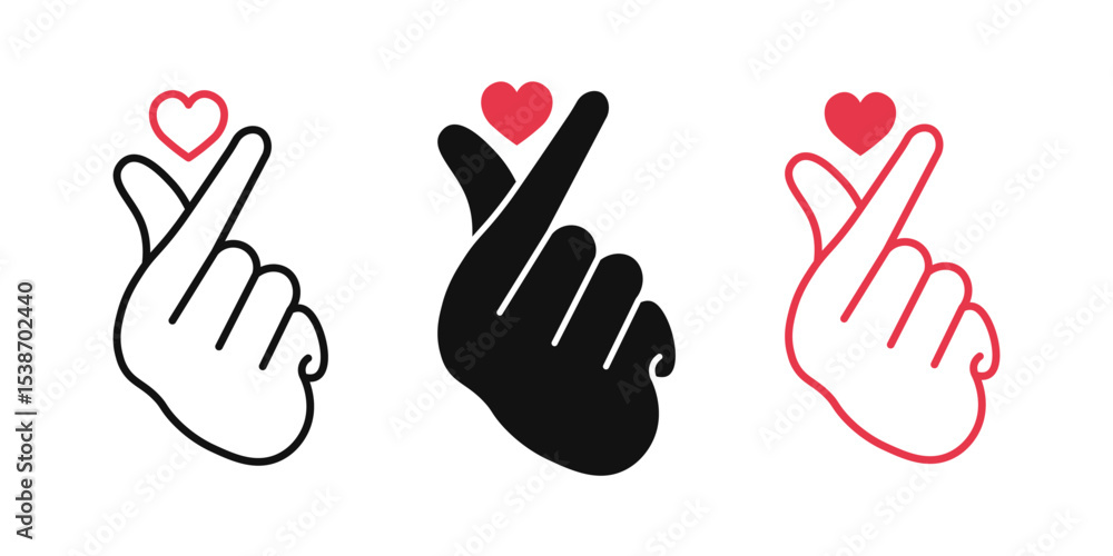 Fototapeta premium illustration of Hand gesture makes a mini heart sign icon. Set of mini finger heart outline icon collage. symbol of love and care