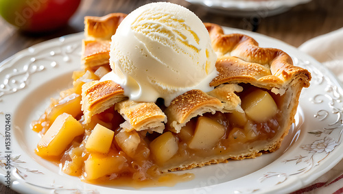 Fototapeta Naklejka Na Ścianę i Meble -  Delicious apple pie slice with vanilla ice cream