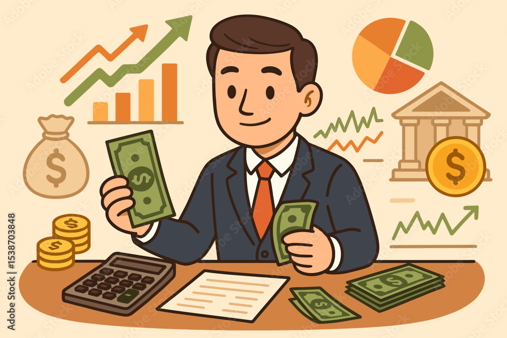 Businessman calculating finance for investment and savings. Man counting money for budget planning. Concept of accounting, profit, wealth, and economic growth with charts and graphs. Businessman calculating finance for investment and savings. Man counting money for budget planning. Concept of accounting, profit, wealth, and economic growth with charts and graphs.
